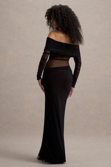 Belamour Black Semi-Sheer Bardot Gathered Maxi Dress